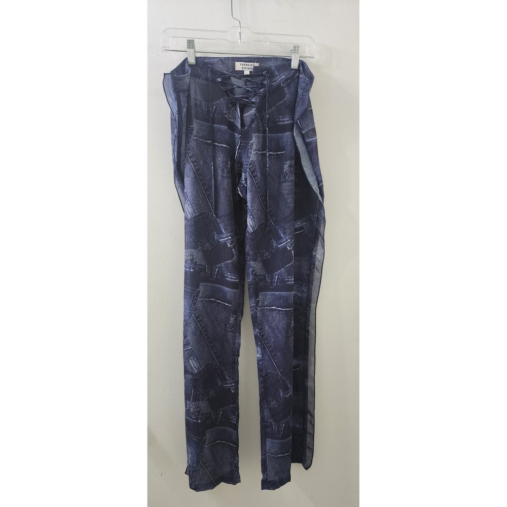 Frankies Bikinis‎ Blue Denim Print Mesh Lace Up Pants NWT Womens Large